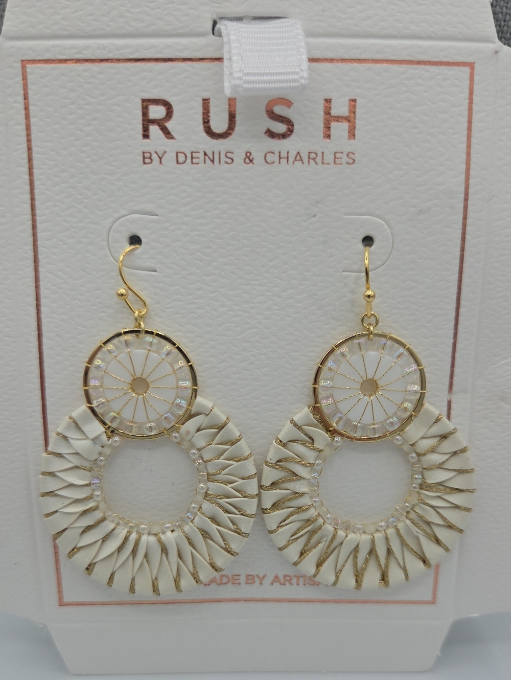 5 for $25! RUSH by Denis & Charles White & Gold Tone Sunburst Hoop Drop Earrings